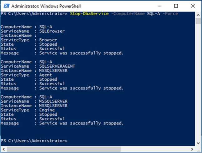 Использование PowerShell для остановки экземпляра SQL Server