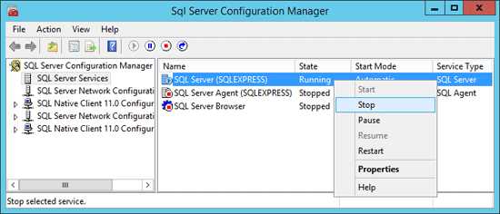 Завершение службы SQL Server с помощью командной строки