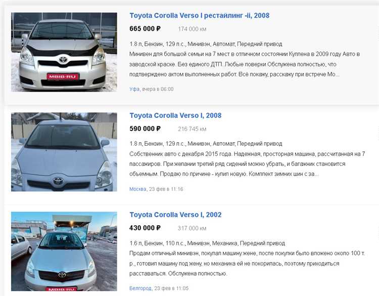 Разница цен на Toyota Corolla Verso в зависимости от года выпуска