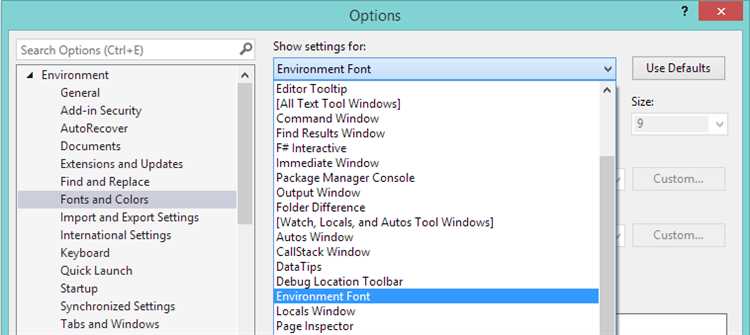 Открытие настроек шрифтов в Visual Studio 2019