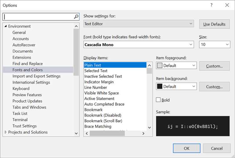 Открытие настроек шрифта в Visual Studio