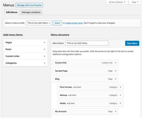 Добавление пунктов меню в админ-панели WordPress
