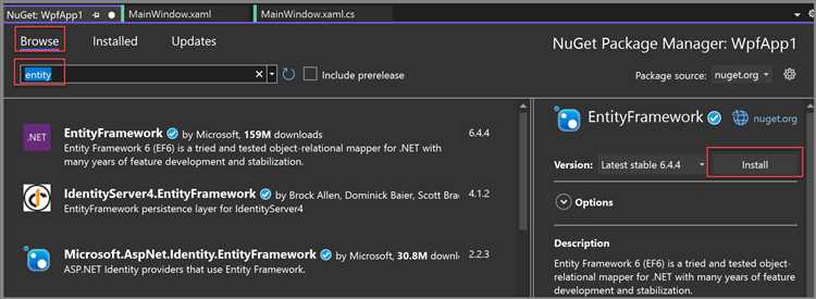 Установка пакета Entity Framework через NuGet