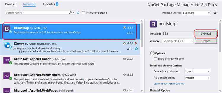 Обновление установленного NuGet пакета