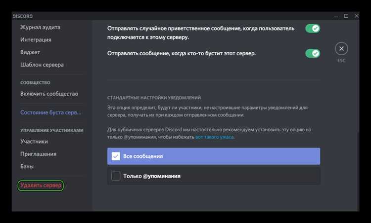 Выбор типа сервера и создание нового сервера в Discord