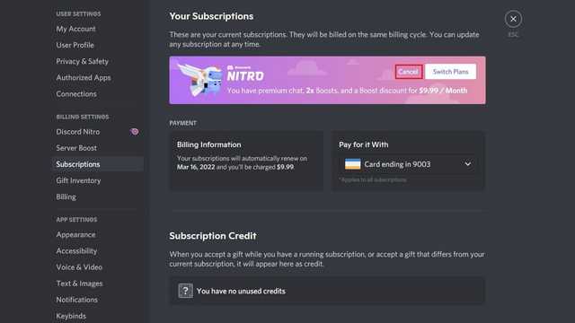 Как отключить подписку discord nitro